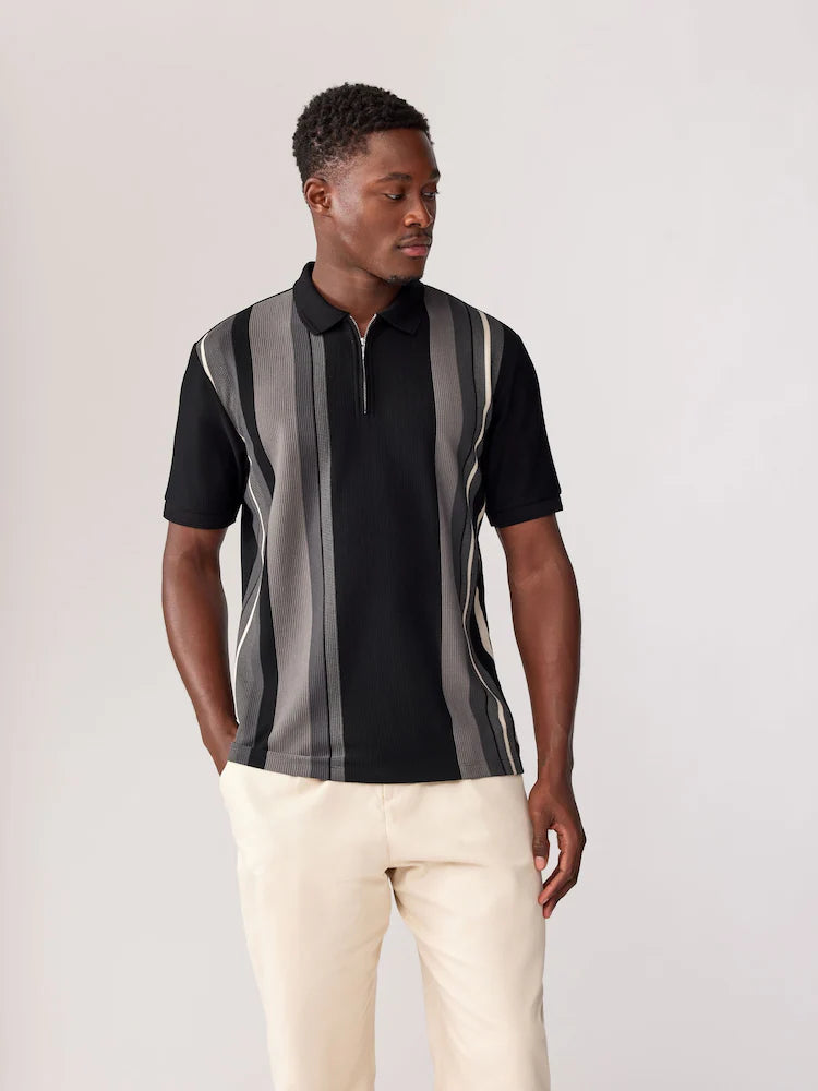 Black/White Vertical Stripe Quarter Zip Polo Shirt