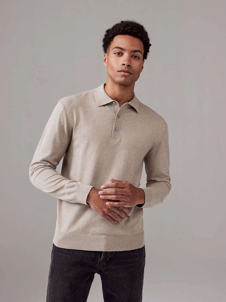 Neutral Regular Fit Knitted Long Sleeve Polo Shirt