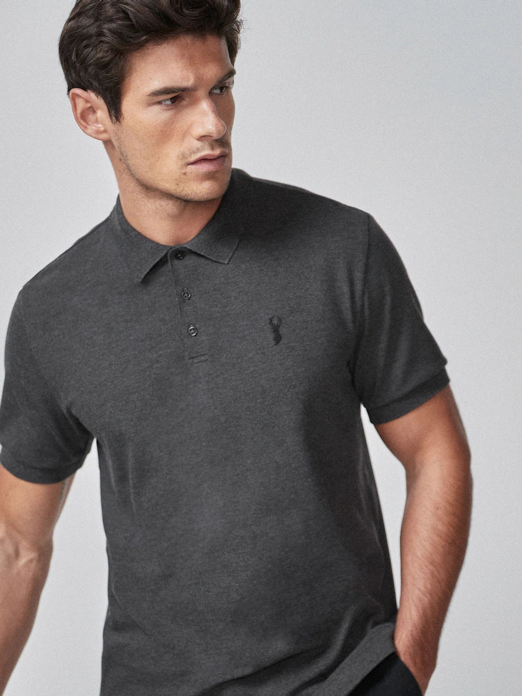 Grey Charcoal Regular Fit Short Sleeve Pique Polo Shirt