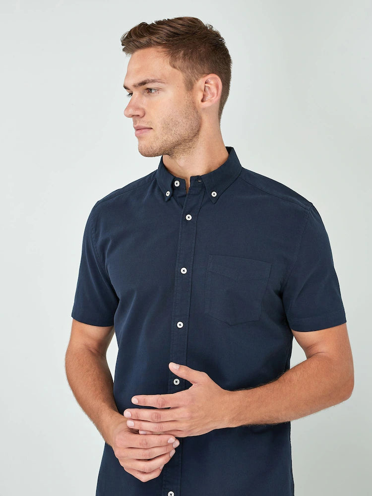 Navy Blue Regular Fit Short Sleeve Oxford Shirt