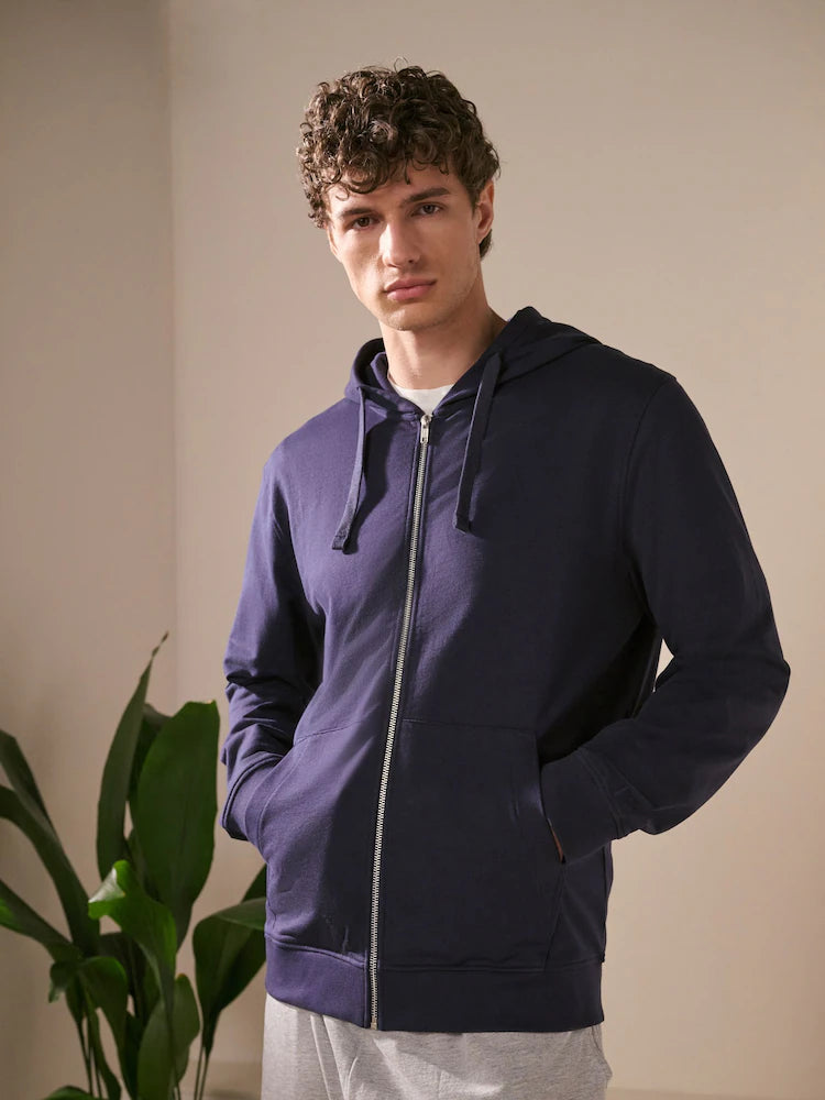 Navy Blue 100% Cotton Lightweight Zip Up Hoodie