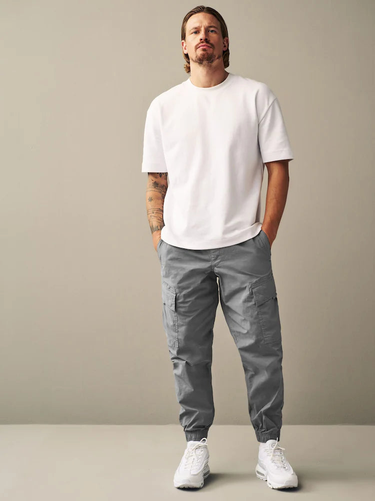 Light Blue Grey Regular Tapered Fit Stretch Utility Cargo Trousers