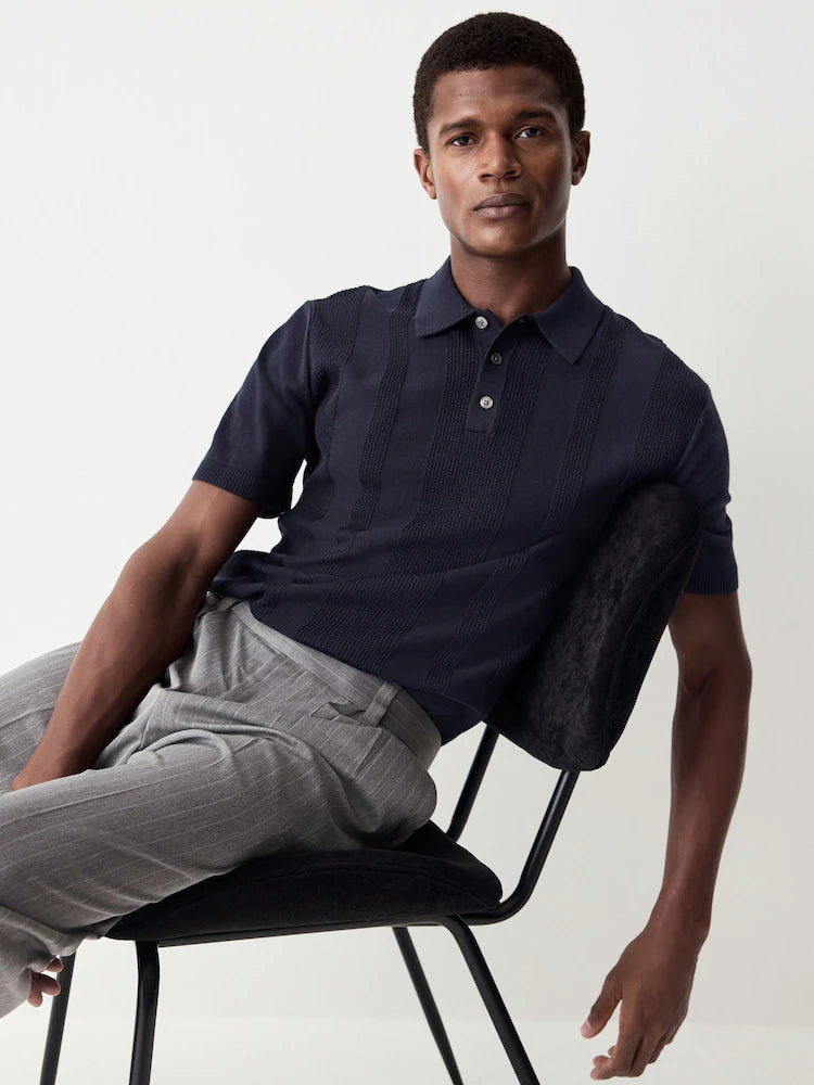 Navy Blue Regular Fit Cotton Rich Short Sleeve Knit Polo Shirt