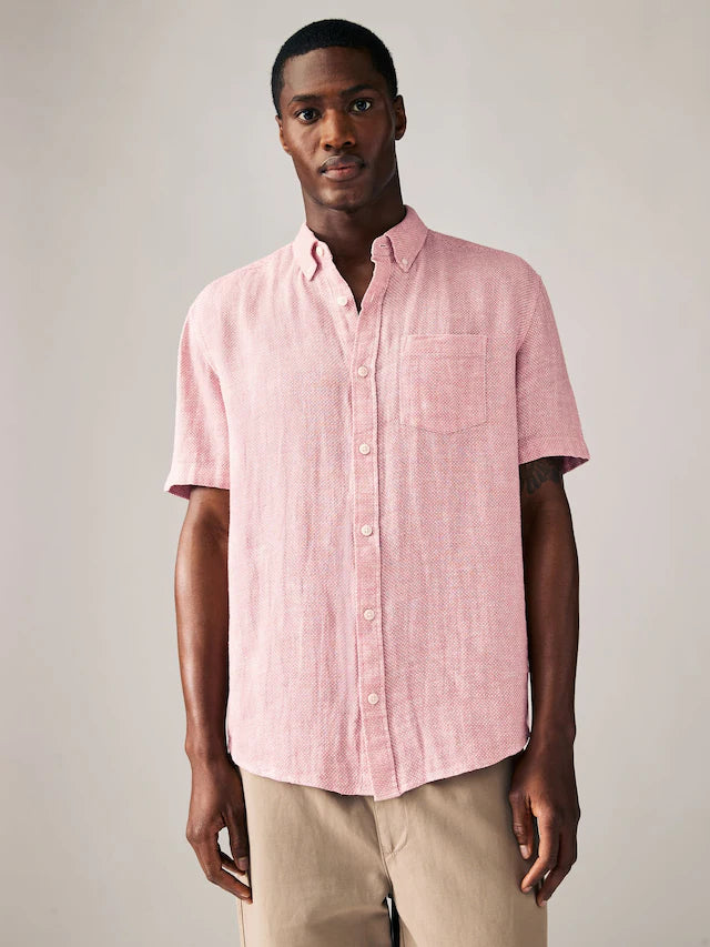 Pink Standard Collar Cotton Linen Blend Short Sleeve Shirt