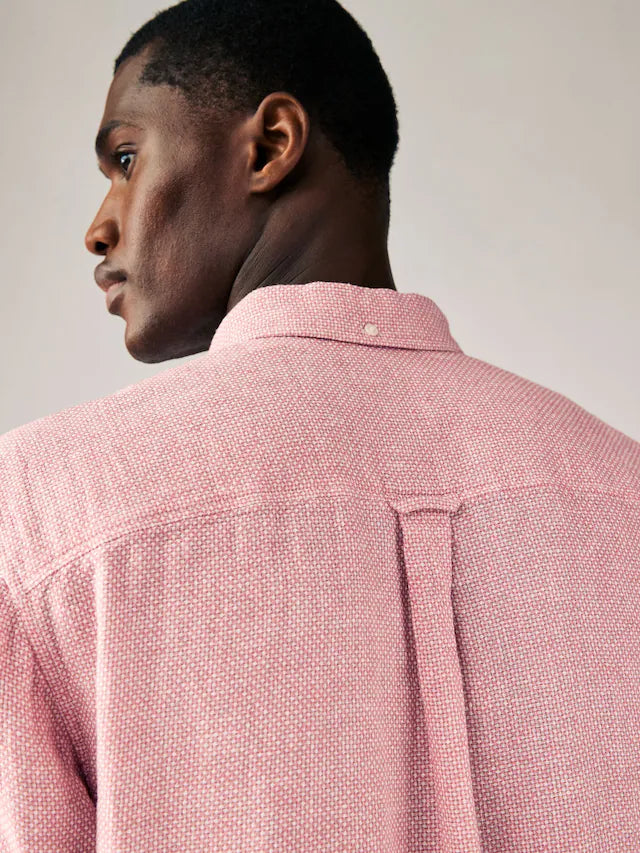 Pink Standard Collar Cotton Linen Blend Short Sleeve Shirt