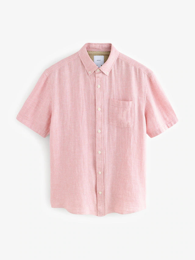 Pink Standard Collar Cotton Linen Blend Short Sleeve Shirt