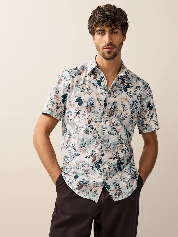 Ecru Hawaiian Regular Fit Print Short Sleeve Shirt