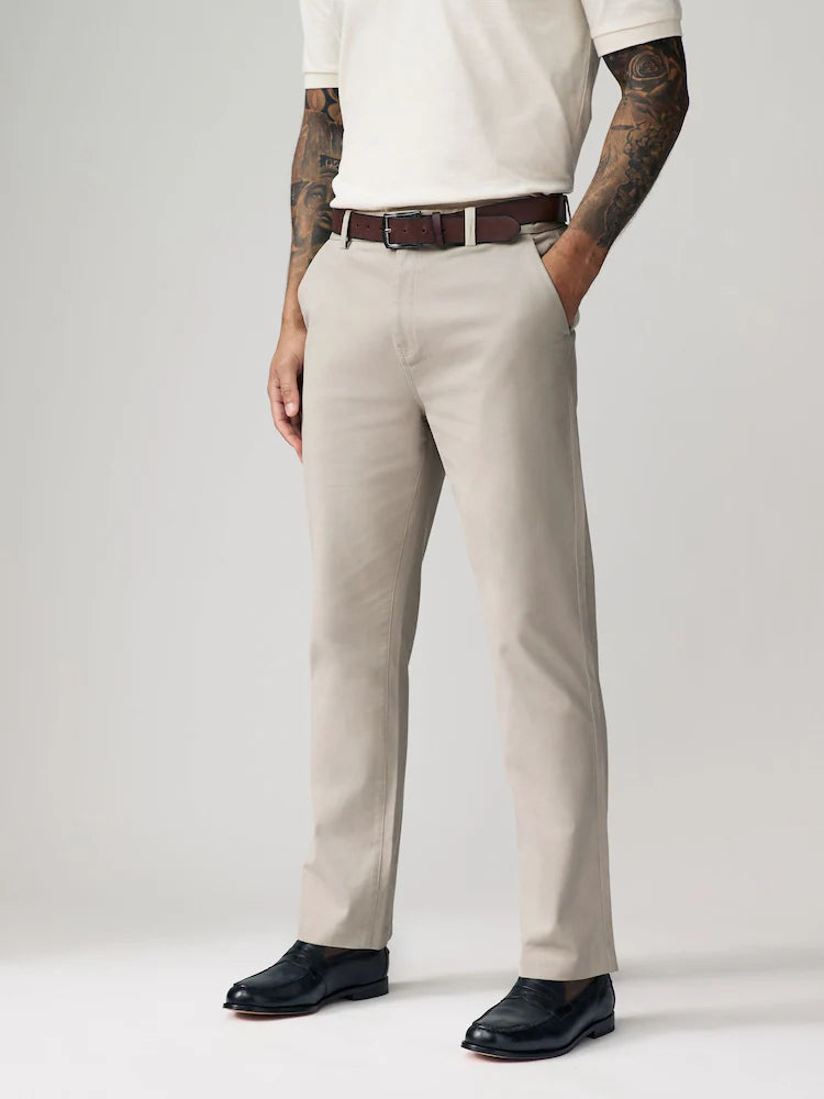 Light Stone Straight Fit Belted Soft Touch Chino Trousers