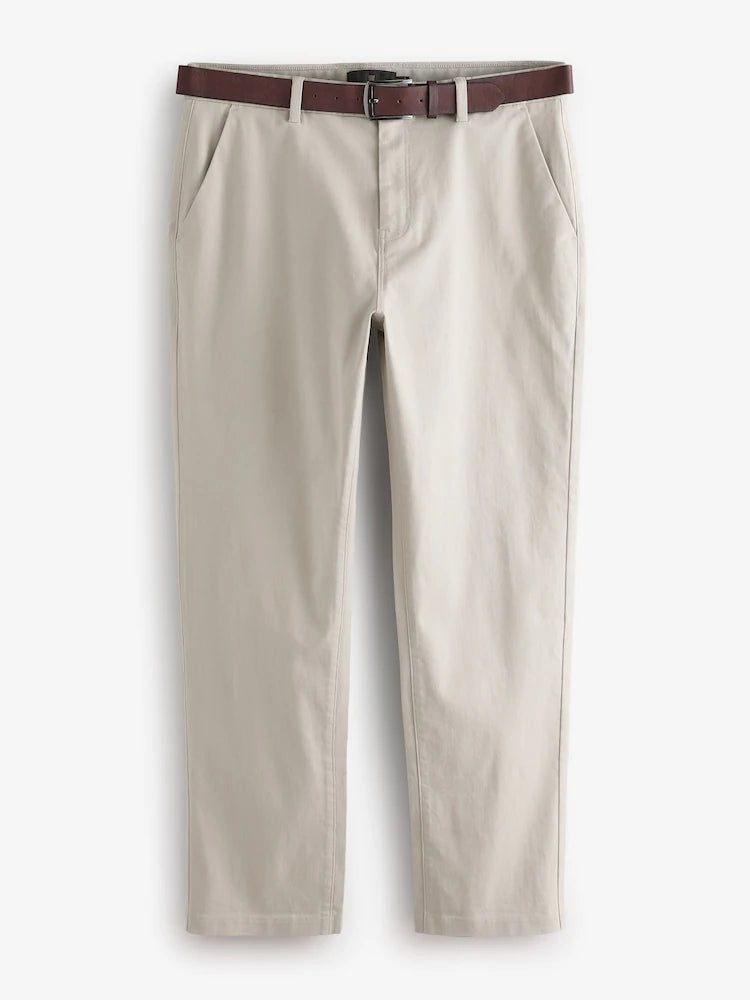 Light Stone Straight Fit Belted Soft Touch Chino Trousers