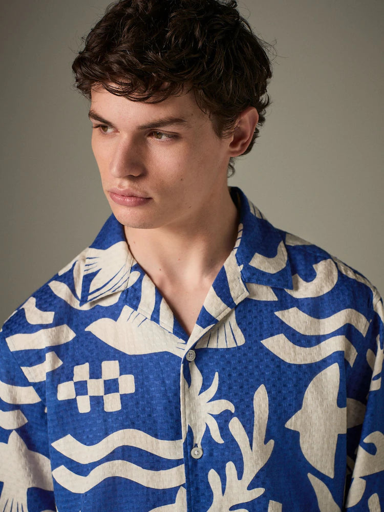 Blue Textured Printed Short Sleeve 100% Cotton Shirt