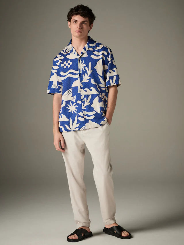 Blue Textured Printed Short Sleeve 100% Cotton Shirt