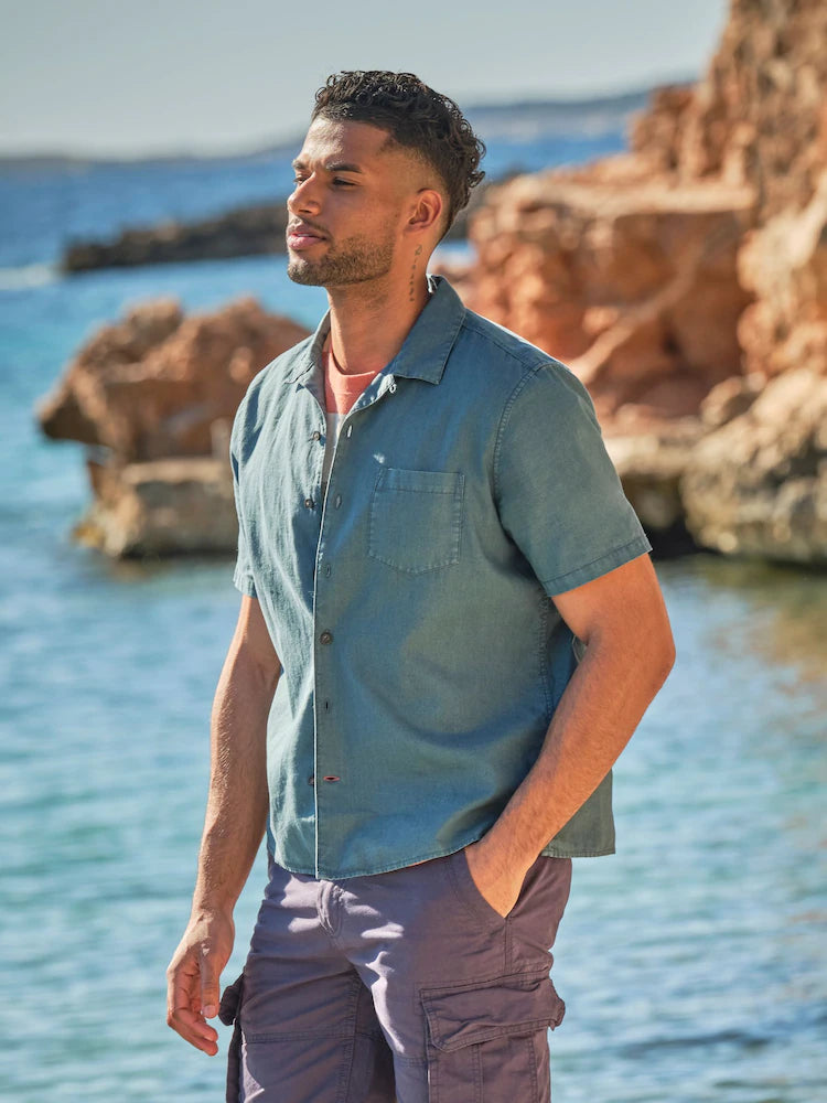 FatFace Bugle Dark Teal Blue Linen Cotton Shirt