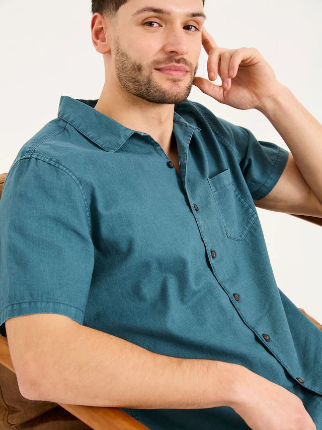 FatFace Bugle Dark Teal Blue Linen Cotton Shirt