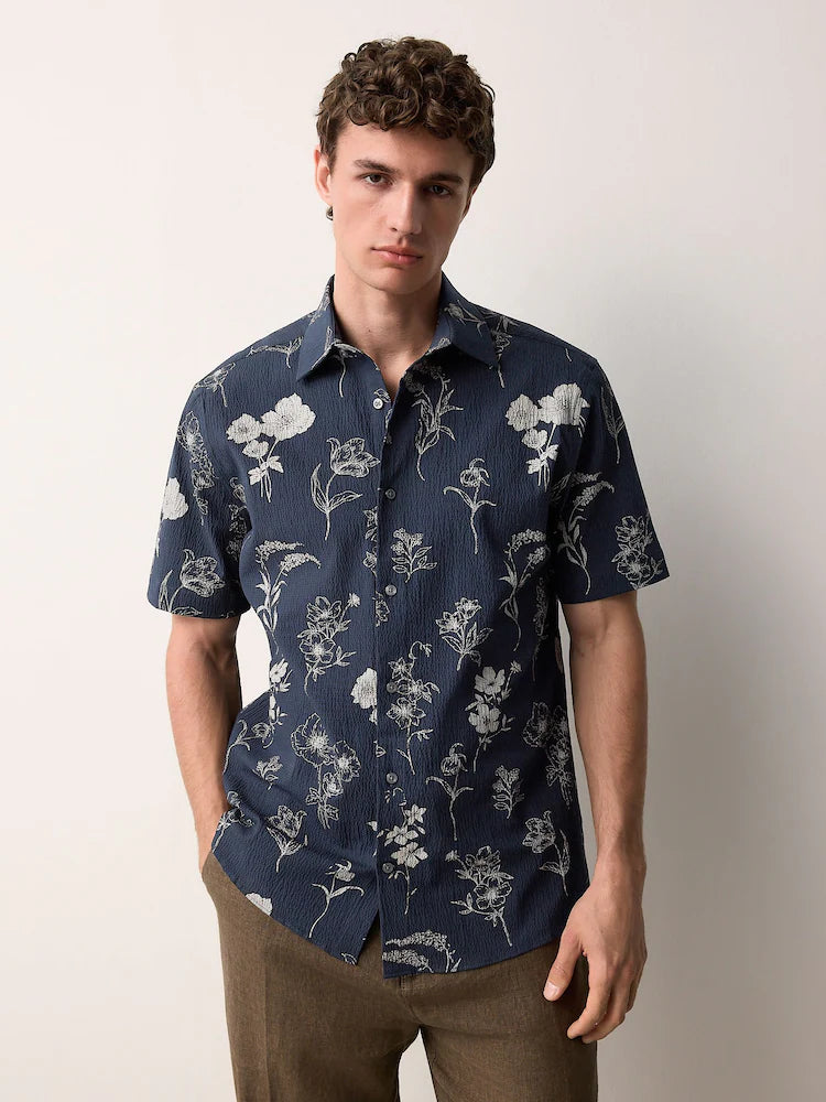 Navy/Neutral Floral Print Regular Fit Short Sleeve Seersucker Shirt