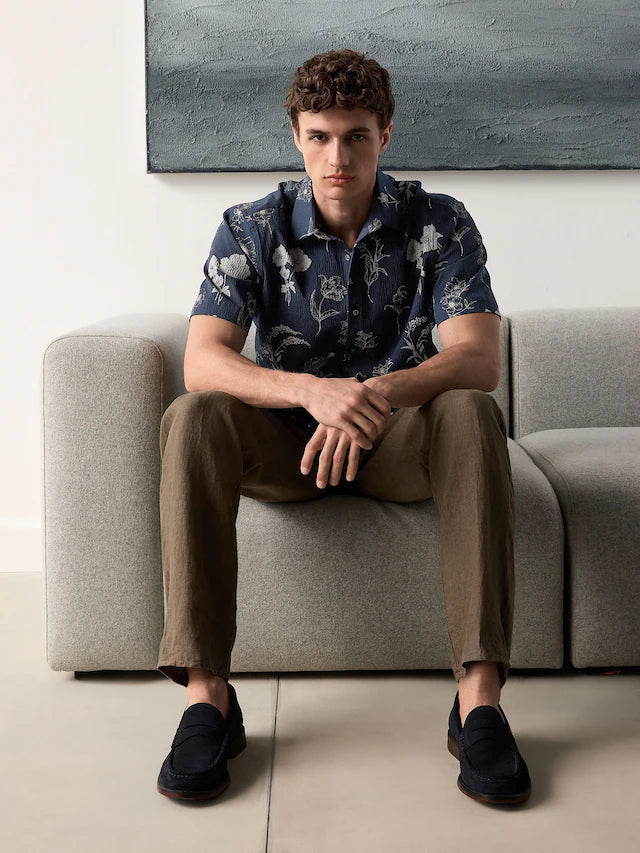 Navy/Neutral Floral Print Regular Fit Short Sleeve Seersucker Shirt