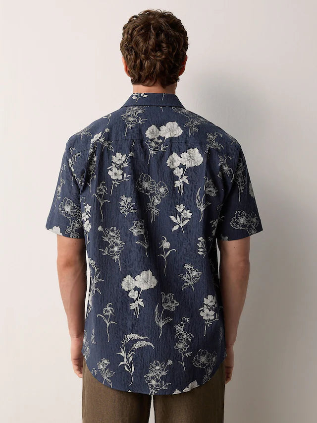 Navy/Neutral Floral Print Regular Fit Short Sleeve Seersucker Shirt