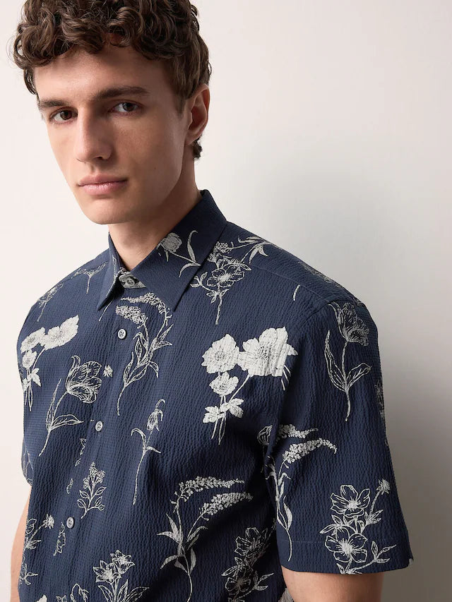 Navy/Neutral Floral Print Regular Fit Short Sleeve Seersucker Shirt