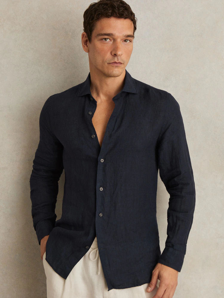 Reiss Navy Ruban Linen Button-Through Shirt