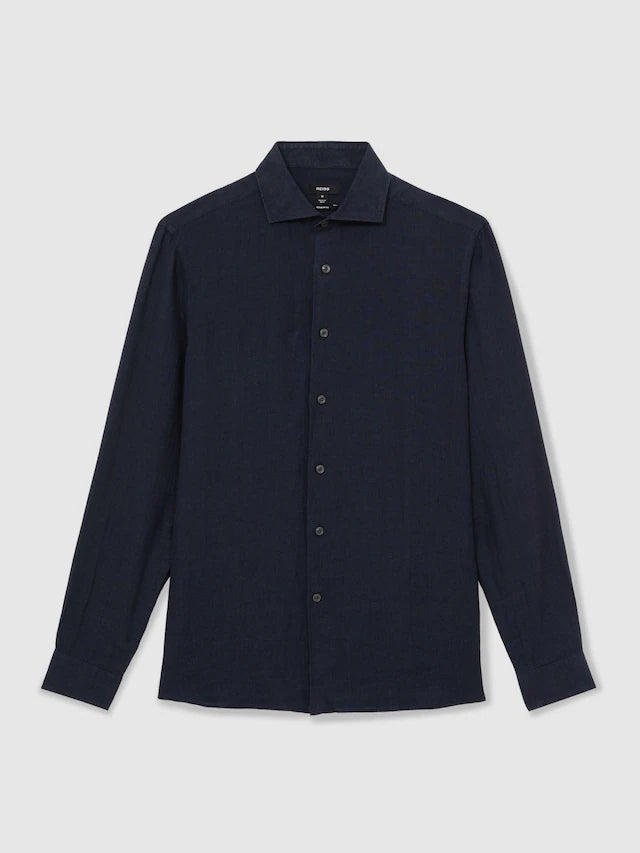 Reiss Navy Ruban Linen Button-Through Shirt