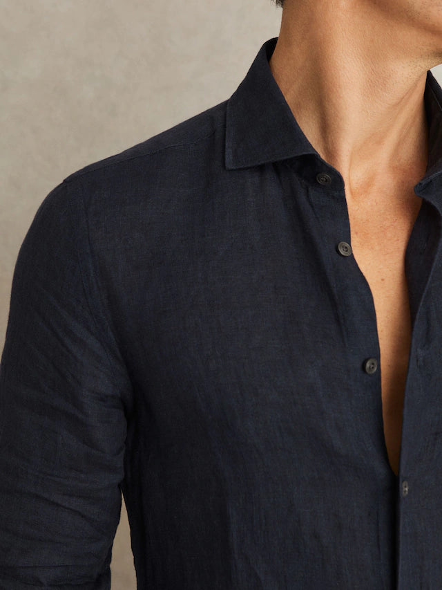 Reiss Navy Ruban Linen Button-Through Shirt