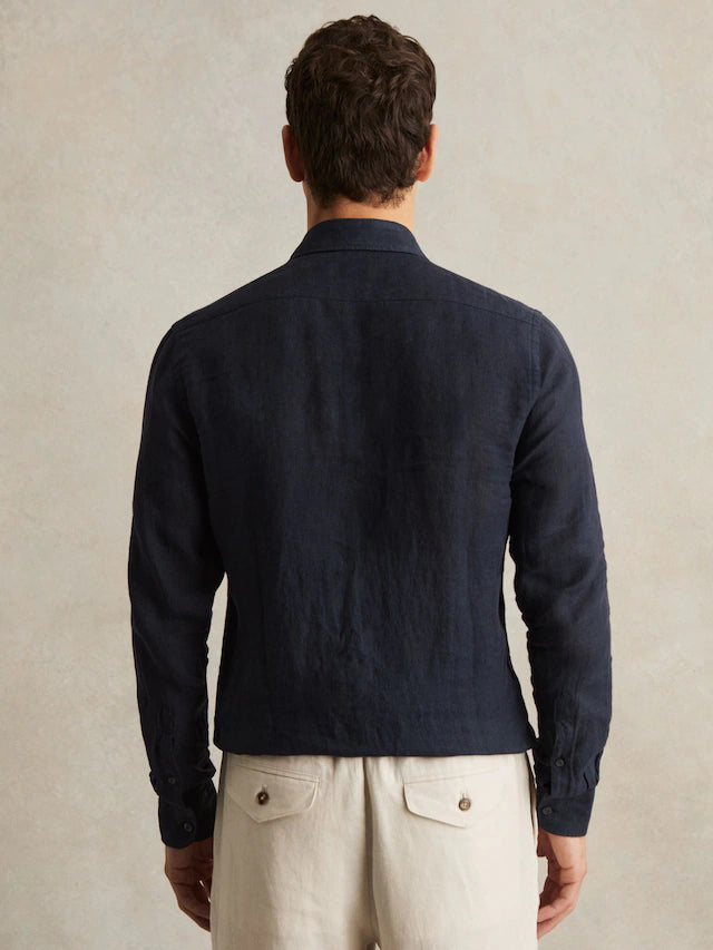 Reiss Navy Ruban Linen Button-Through Shirt