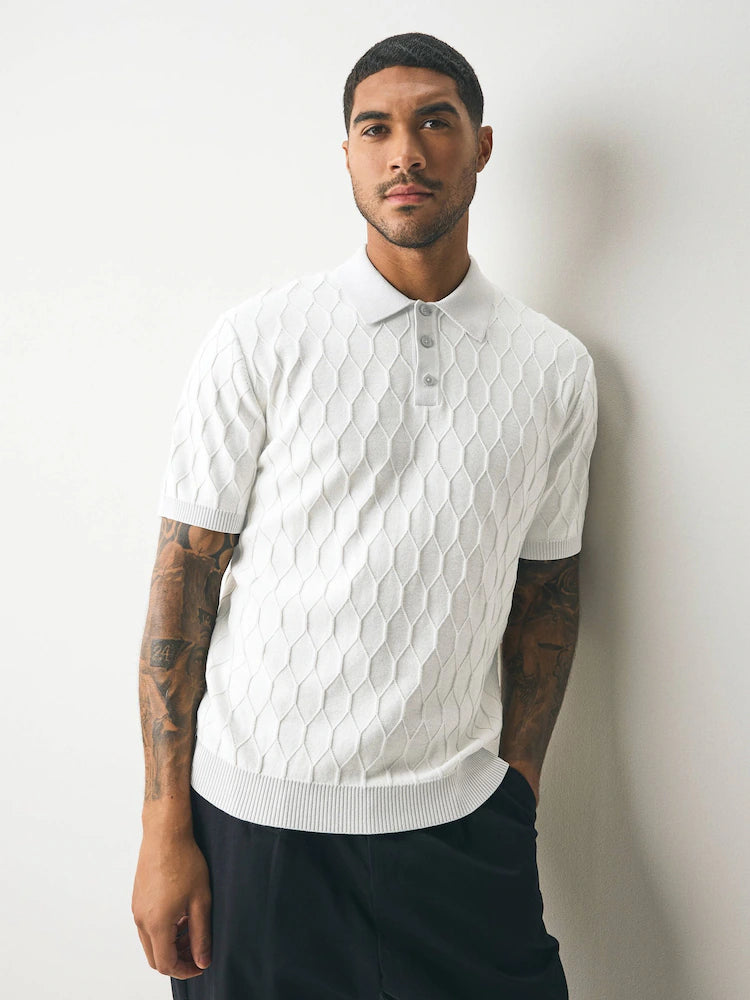 Light Grey Regular Fit 100% Cotton Short Sleeve Geometric Pattern Knit Polo Shirt