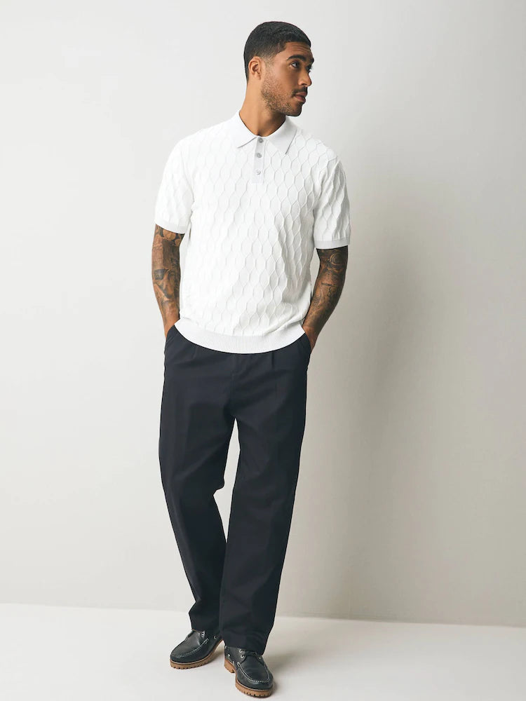 Light Grey Regular Fit 100% Cotton Short Sleeve Geometric Pattern Knit Polo Shirt