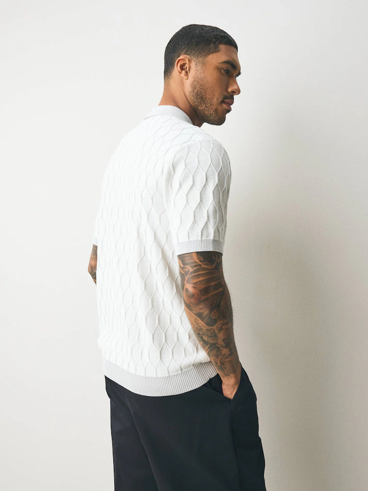 Light Grey Regular Fit 100% Cotton Short Sleeve Geometric Pattern Knit Polo Shirt