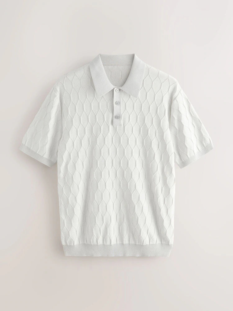 Light Grey Regular Fit 100% Cotton Short Sleeve Geometric Pattern Knit Polo Shirt