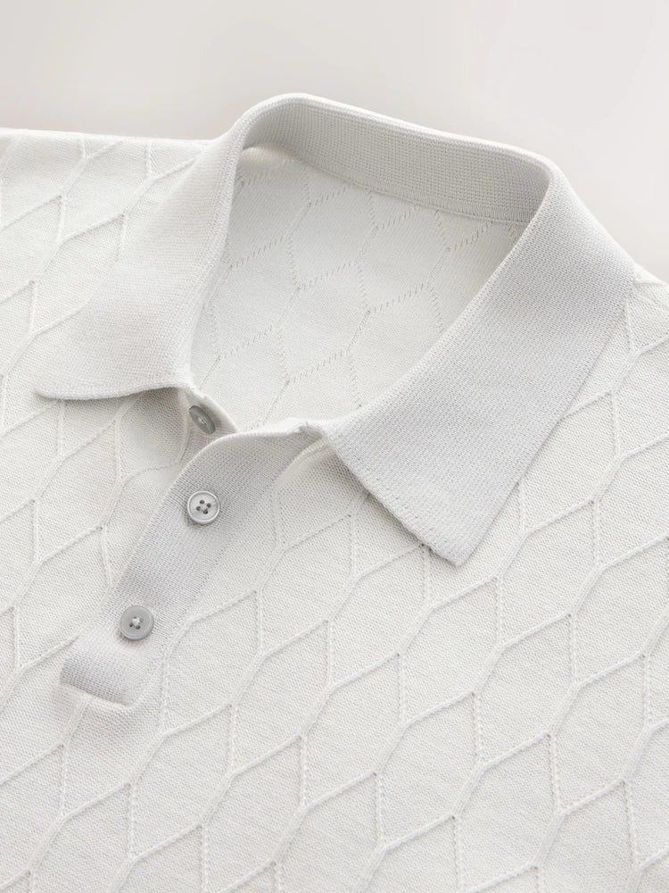 Light Grey Regular Fit 100% Cotton Short Sleeve Geometric Pattern Knit Polo Shirt
