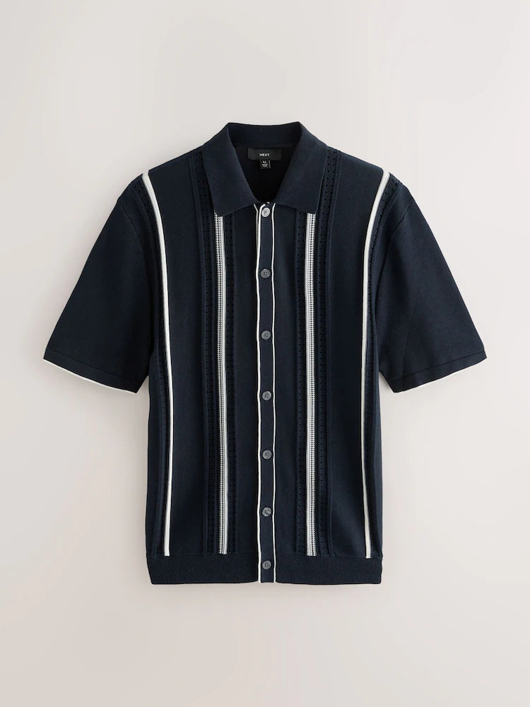 Navy Blue Regular Fit Cotton Rich Short Sleeve Vertical Stripe Knit Button Through Polo Shirt