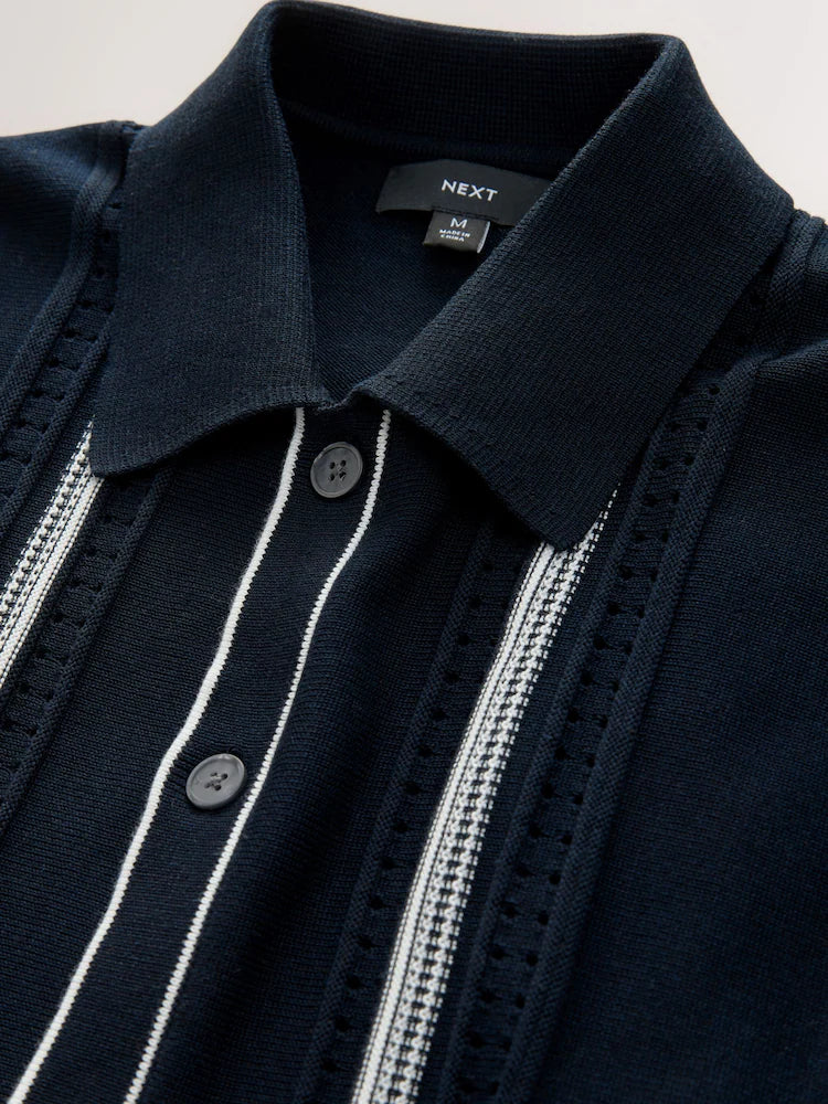 Navy Blue Regular Fit Cotton Rich Short Sleeve Vertical Stripe Knit Button Through Polo Shirt