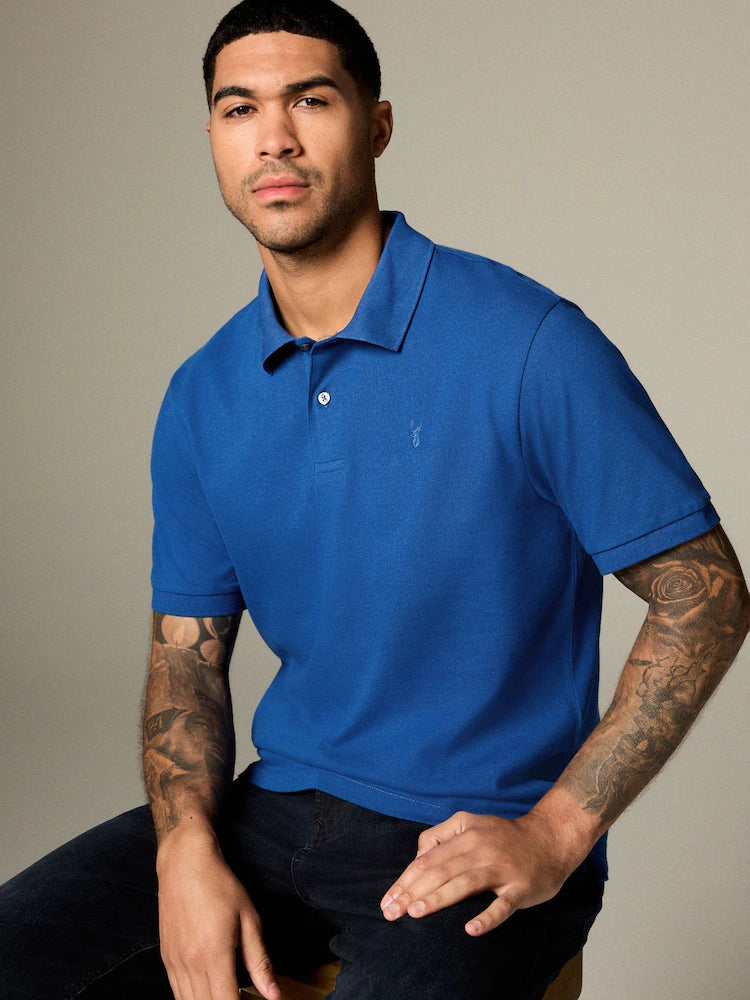 Dark Blue Regular Fit Short Sleeve Pique Polo Shirt
