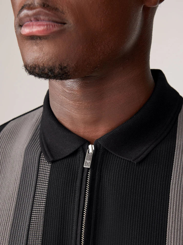 Black/White Vertical Stripe Quarter Zip Polo Shirt