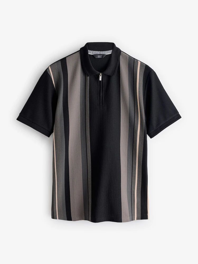 Black/White Vertical Stripe Quarter Zip Polo Shirt