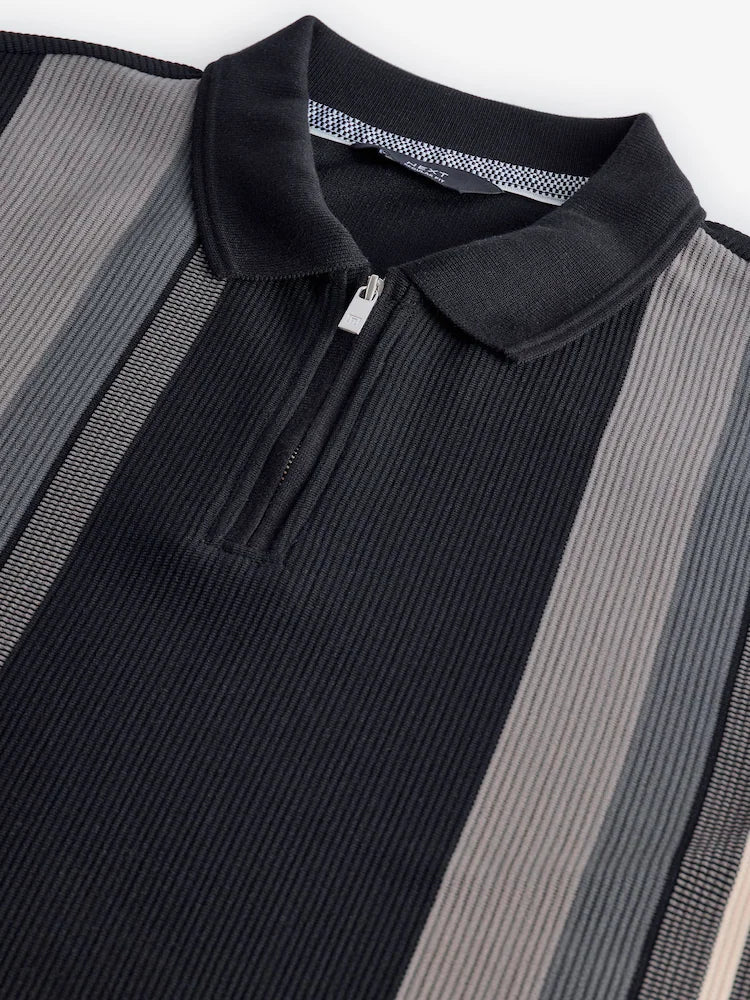 Black/White Vertical Stripe Quarter Zip Polo Shirt