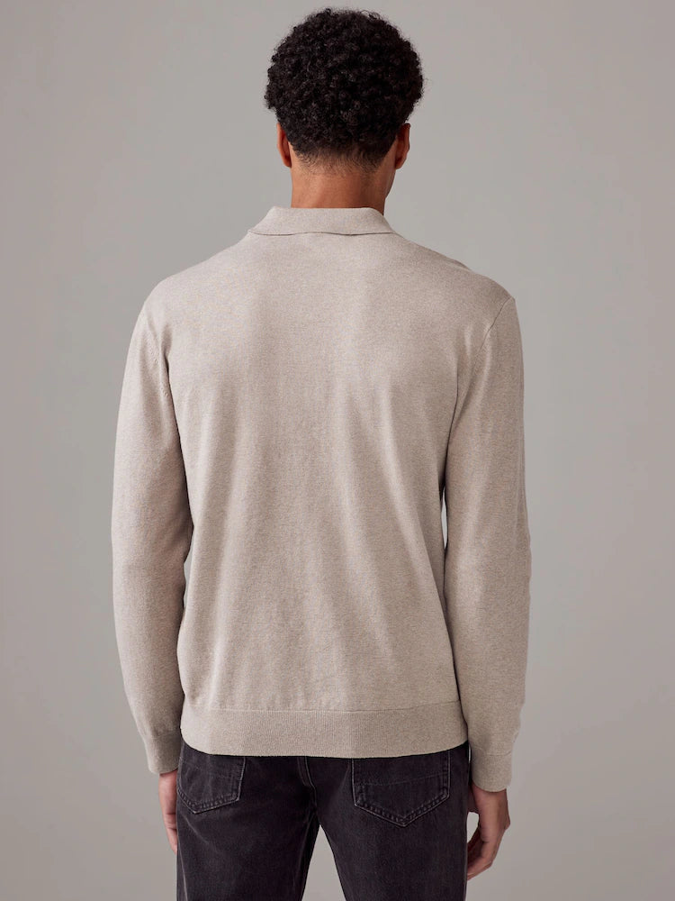 Neutral Regular Fit Knitted Long Sleeve Polo Shirt