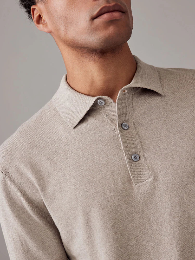 Neutral Regular Fit Knitted Long Sleeve Polo Shirt
