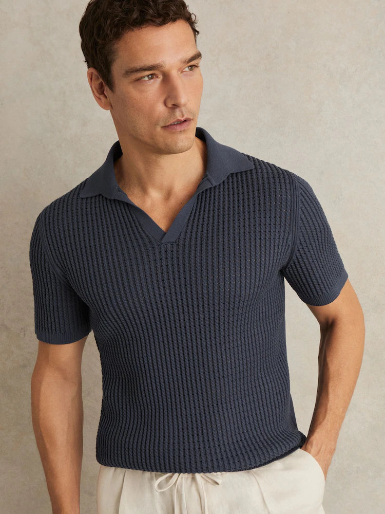 Reiss Dark Airforce Blue Merit Micro-Cable Open-Collar Cotton-Blend Shirt