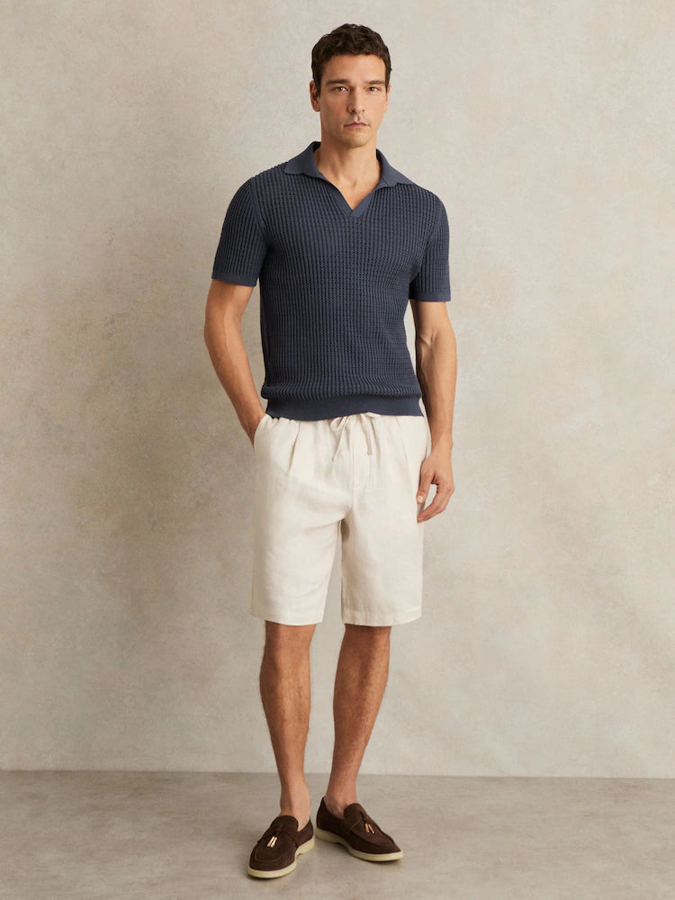 Reiss Dark Airforce Blue Merit Micro-Cable Open-Collar Cotton-Blend Shirt