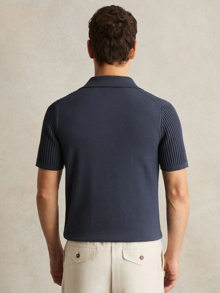 Reiss Dark Airforce Blue Merit Micro-Cable Open-Collar Cotton-Blend Shirt